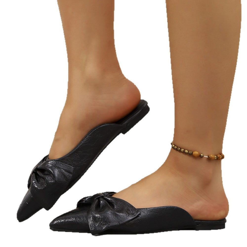 European and american summer new plus size bowknot pointed toe half slippers export flat bottom cross-border lazy closed-toe slippers for women