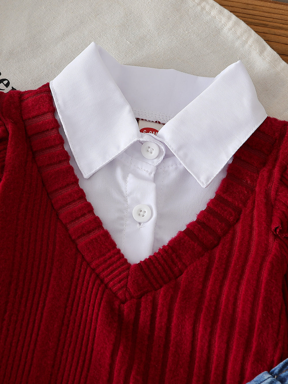 European and american cross-border new spring/autumn baby ribbed knit top with ruffle sleeves + embroidered strawberry denim pants two-piece set