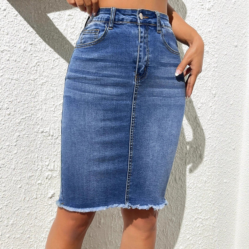 Export elastic skirt women's new arrival blue hip-covering raw edge denim skirt stylish street washed skirt