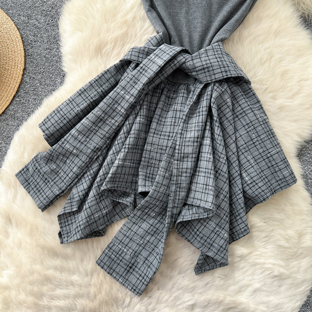 K-stylefake two-piece grids pattern patchwork suspender dress female summer strap halterslimming lookasymmetricalretro skirt
