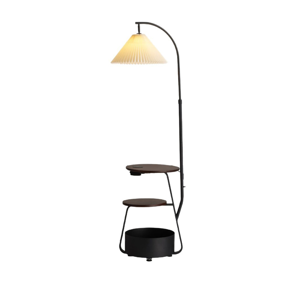Cream style with shelves, multi-layer solid wood side table, storage floor lamp, pleated lampshade next to the sofa, reading atmosphere lamp
