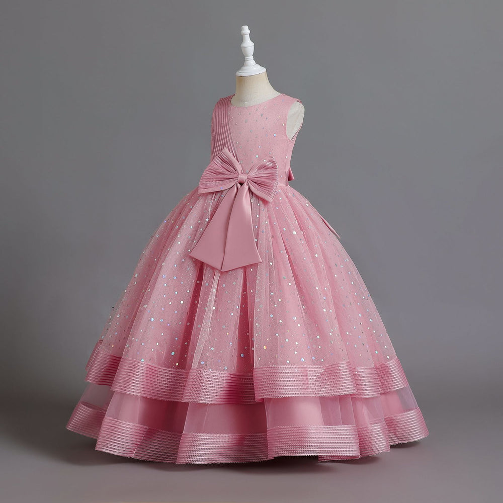Ready-to-ship wholesale children's polka dot formal dresses, featuring large bow princess skirts for girls, high-end flower girl dresses, and kids' dresses