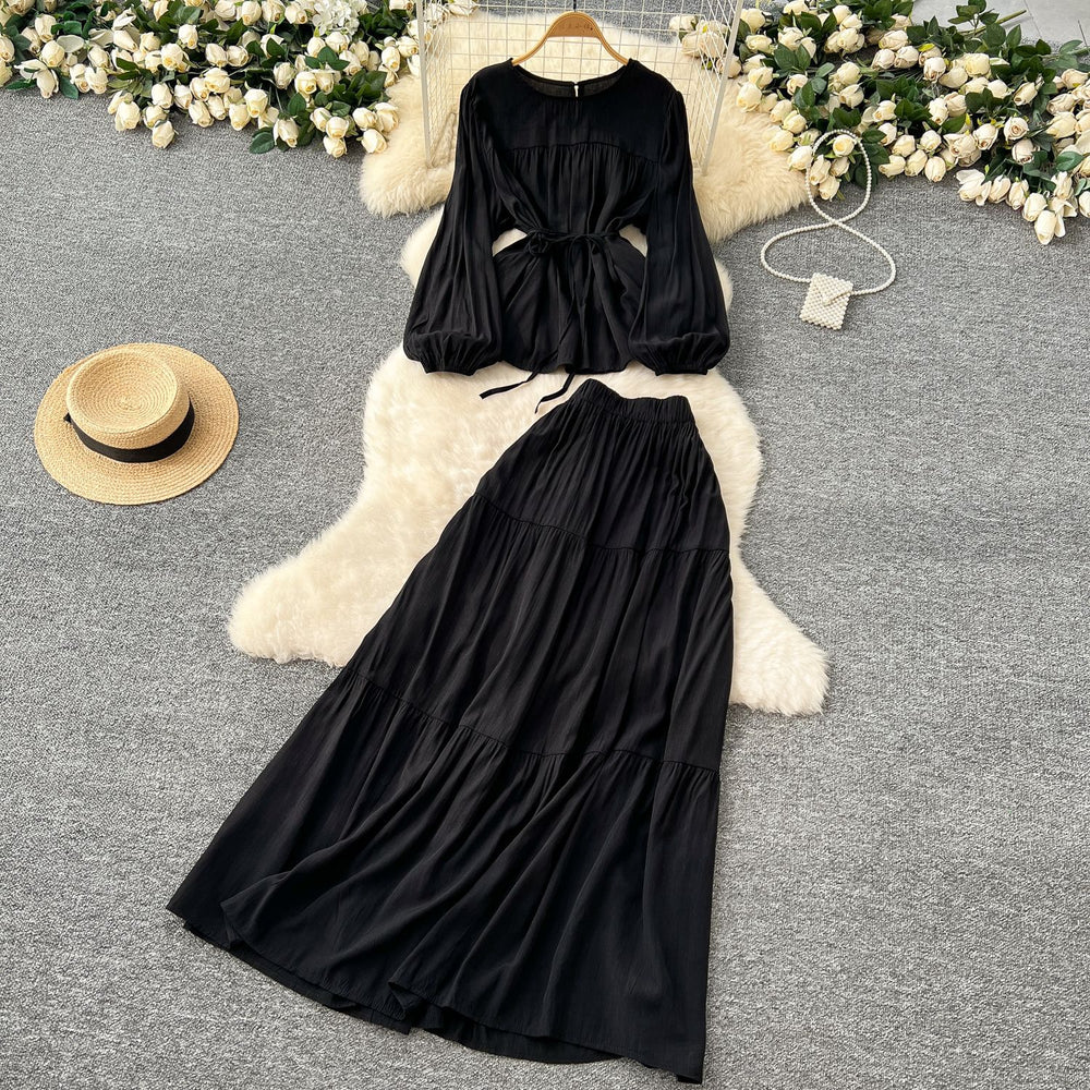 Gentle wind age-reducing suit women's springfrench strap waist round neck long sleevesshirt + high waistdraped skirt