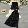 Gentle wind age-reducing suit women's springfrench strap waist round neck long sleevesshirt + high waistdraped skirt