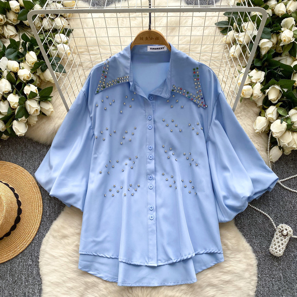Imperial style, heavily embellished, rhinestone-adorned lantern sleeve single-breasted blouse - women's  summer loose fit, versatile, casual, european and american top