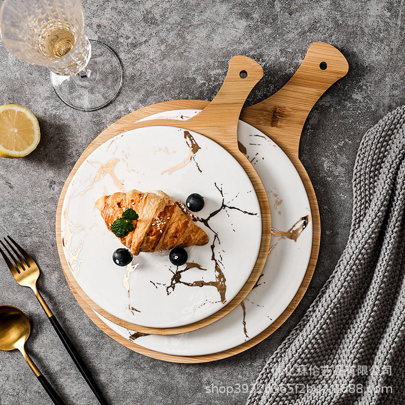 Nordic high-looking desktop flat steak plate with heat-insulating wooden tray creative marble plate manufacturer wholesale