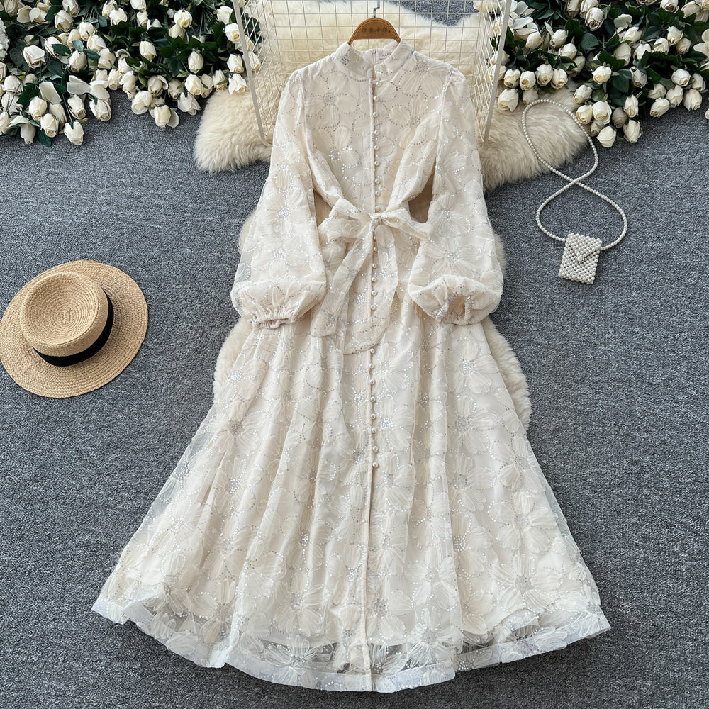 French romantic stand collar lantern sleeve lace dress - women's slimming a-line maxi dress with elegant mesh detail