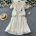 French romantic stand collar lantern sleeve lace dress - women's slimming a-line maxi dress with elegant mesh detail
