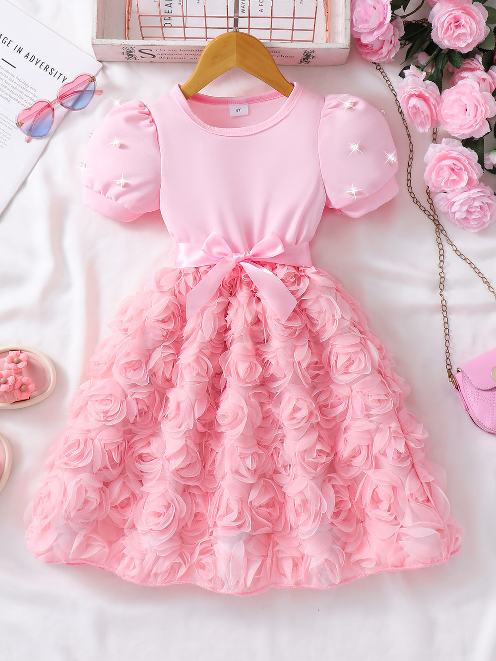 Girls' dress for toddlers and young children, pearl-embellished short-sleeve rose dress