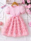 Girls' dress for toddlers and young children, pearl-embellished short-sleeve rose dress