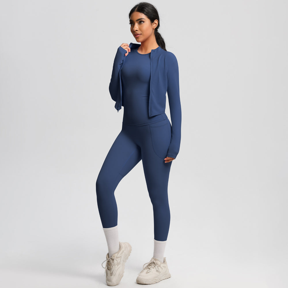 Cloud-soft slim-fit brushed nylon pocket pant set - quick-dry, breathable yoga, running, and fitness activewear three-piece set