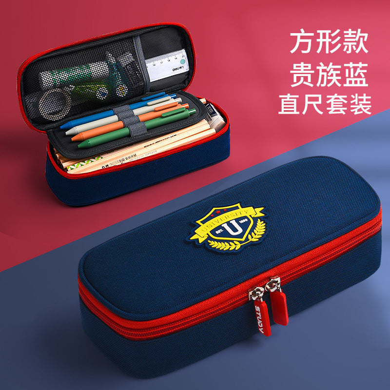 British style pencil bag three-layer large-capacity stationery box student high-value pencil case canvas stationery bag pencil bag wholesale