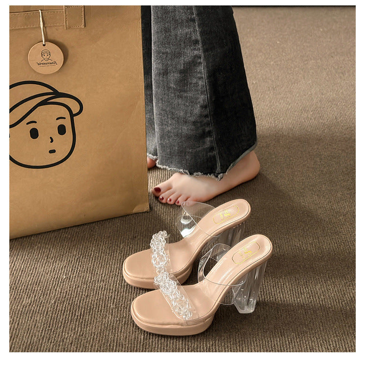 French rhinestone clear crystal heel sandals women's summer ankle strap chunky heel slippers high heel outdoor sandals