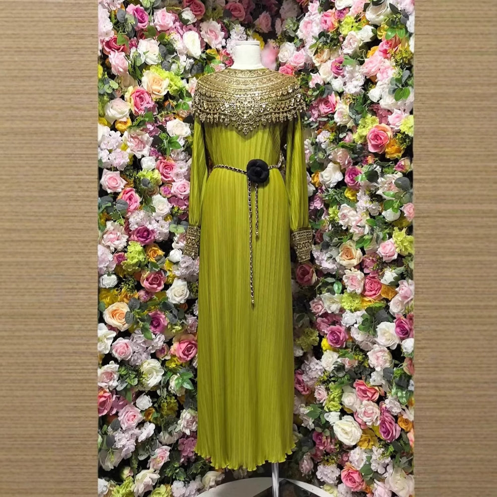 Classy lady style export beading shawl long sleeves pleated loosedress metal belt banquet long dress women