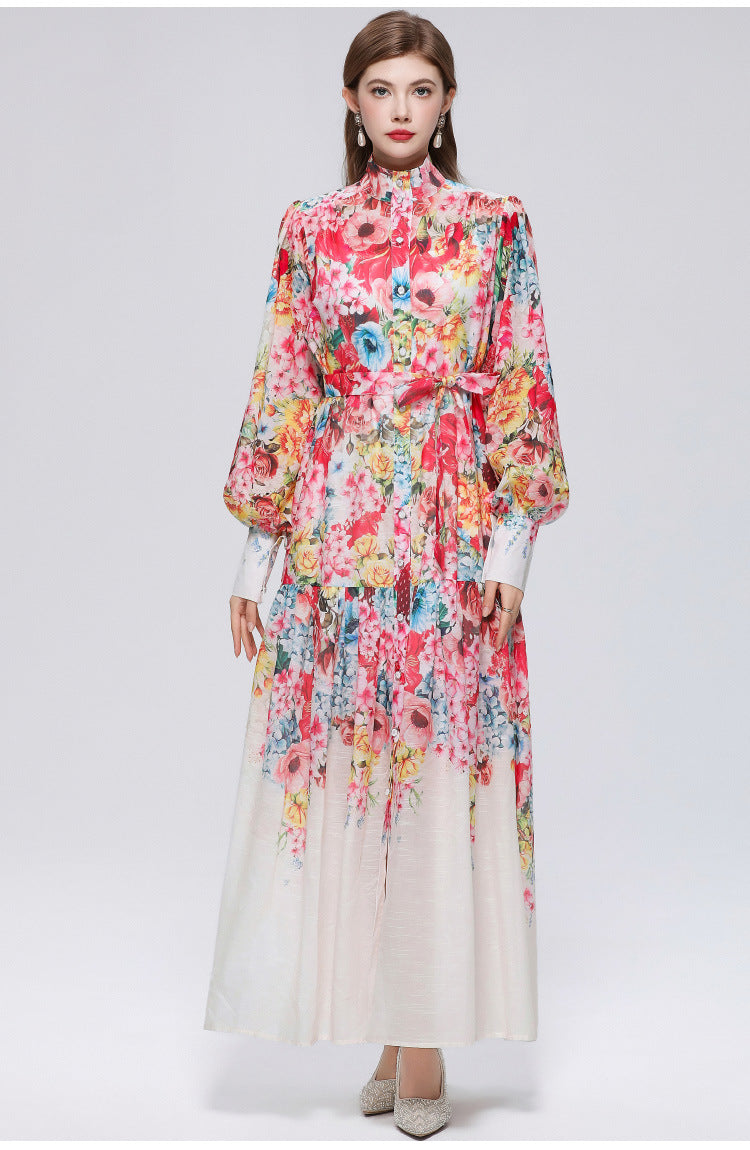 French retro print lantern sleeve dress - women's autumn korean style tie-waist slimming a-line maxi dress - commute friendly