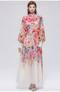 French retro print lantern sleeve dress - women's autumn korean style tie-waist slimming a-line maxi dress - commute friendly