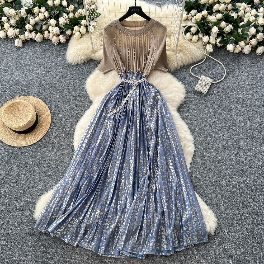 French heavy industry beading contrast colorpatchwork round neck short-sleeved dress women's waist elegantdrapedprinting over-the-knee long skirt