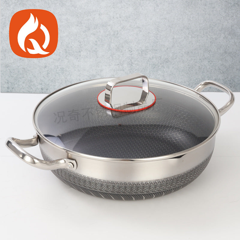 double-ear frying pan, deepened stainless steel flat bottomfor home pancake baking pan, induction cooker, gas honeycomb non-stick pan