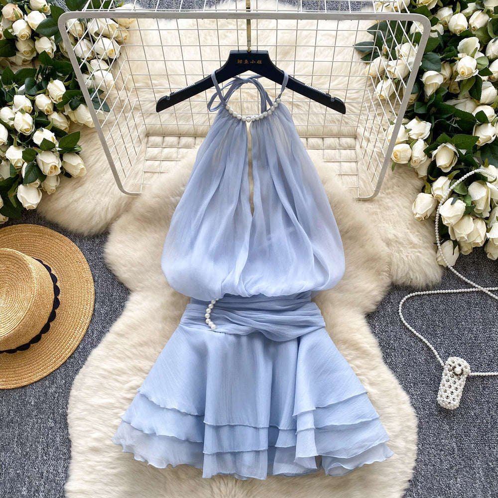Pure desire halter beaded suspender dress goddess elegant waist ruffles chiffon skirt fairy vacation skirt