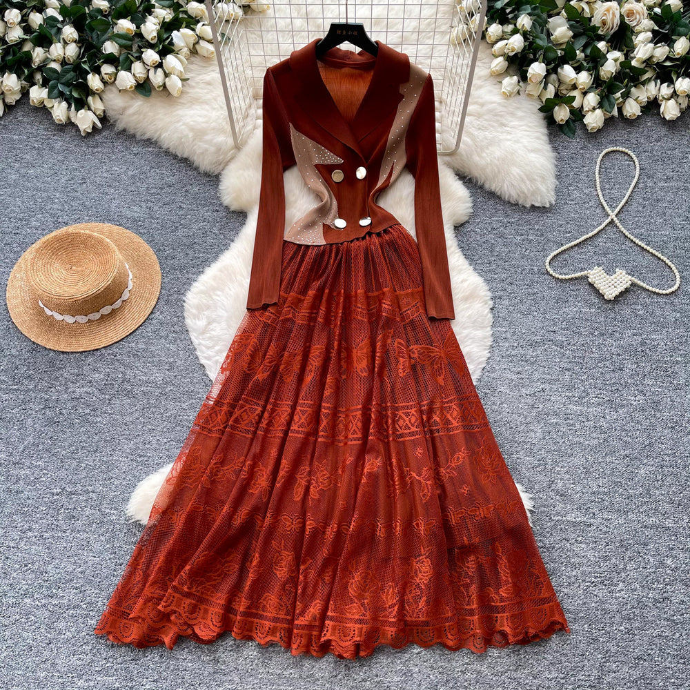 French romantic style blazer collar lace dress - women's summer slimming pleated flowy maxi dress - commute chic & elegant