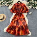 Accessible luxuryfashion styleclassy senseprinting puff sleevedressfemale summer strap waist royal sisterelegant large swing skirt