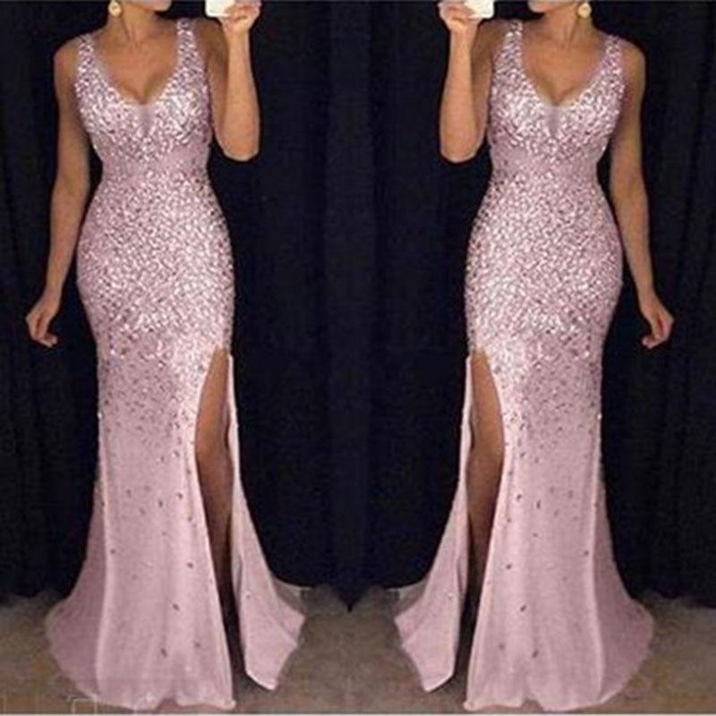 spring new european and american style women's foreign trade dress -  slit gold-embellished maxi dress evening gown