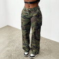 European and american style women's camouflage print multi-pocket cargo high-waisted wide leg casual denim pants