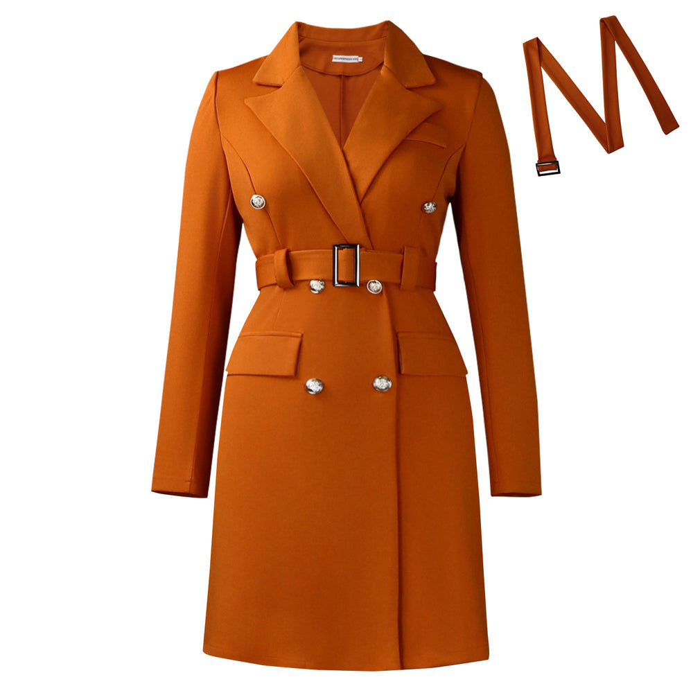 D3348  cross-border autumn and winter new long-sleeved hip-covering commuter double-breasted pure color suit european and american dress