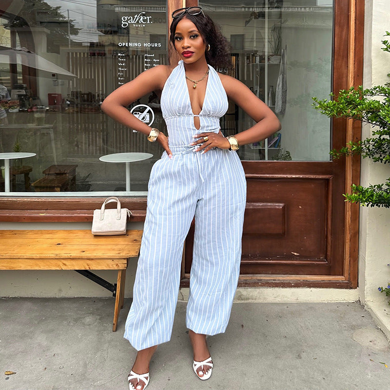 European and american women's clothing  autumn new sweet and fresh striped halter neck high waist slimming tapered leg jumpsuit pants