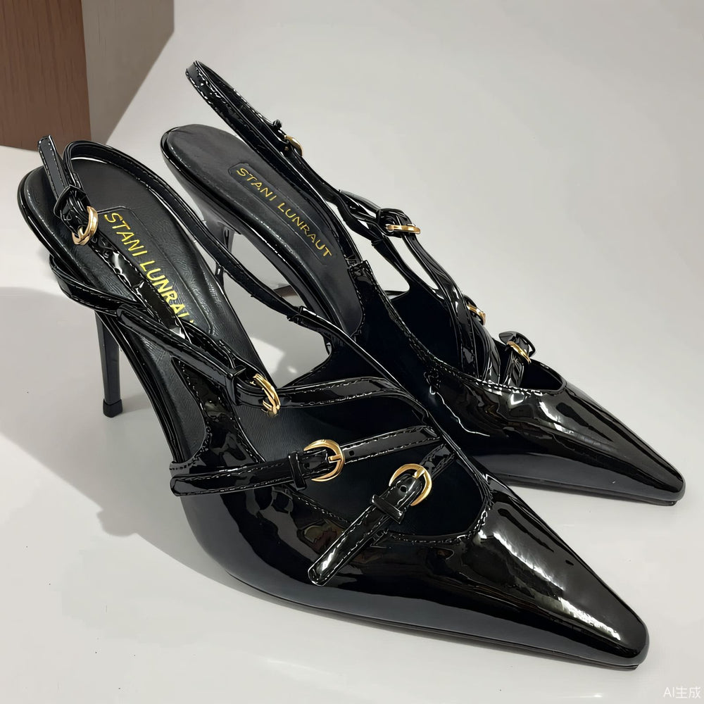 2026 summer european and american style patent leather stiletto peep-toe sandals women's single strap cat heel pointed toe back strap high heels