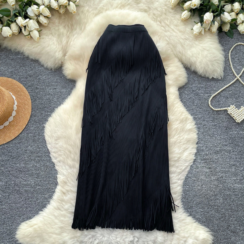 K-style tassel patchwork a-line elegant skirt women's summerhigh waistwork clothingclassy sense of medium long tassel skirt