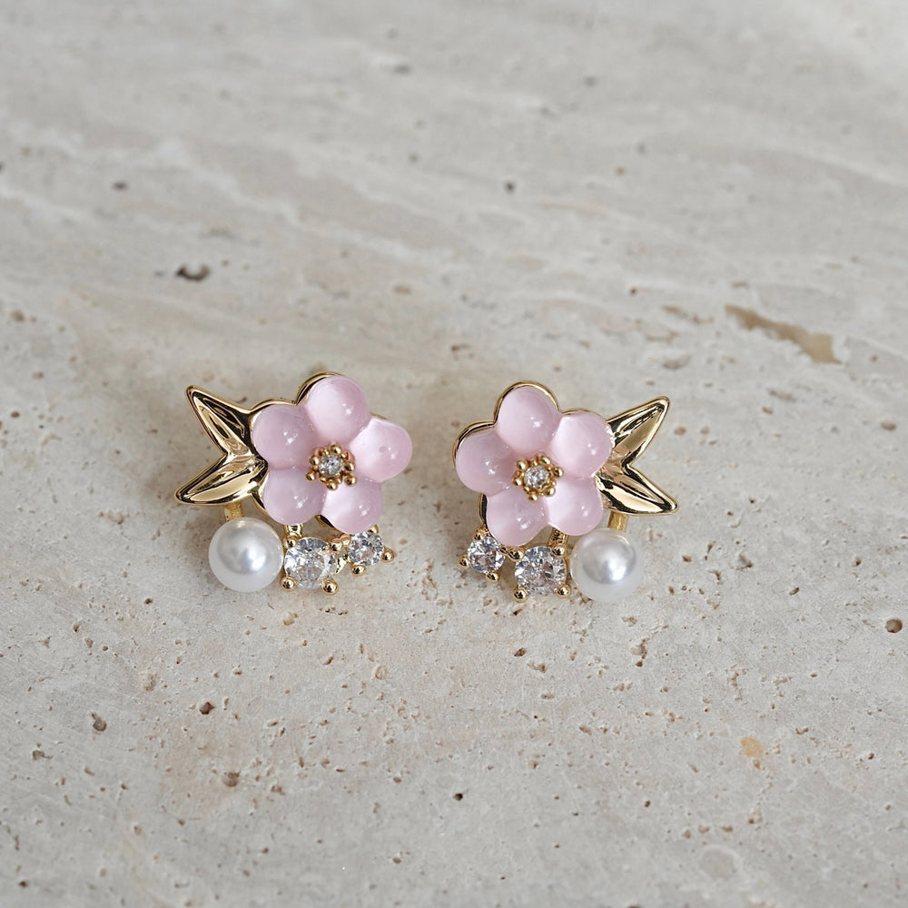 Sakura pink jelly flower sense of design small fresh pearl artsy daily earrings fairy fashionable popular earrings
