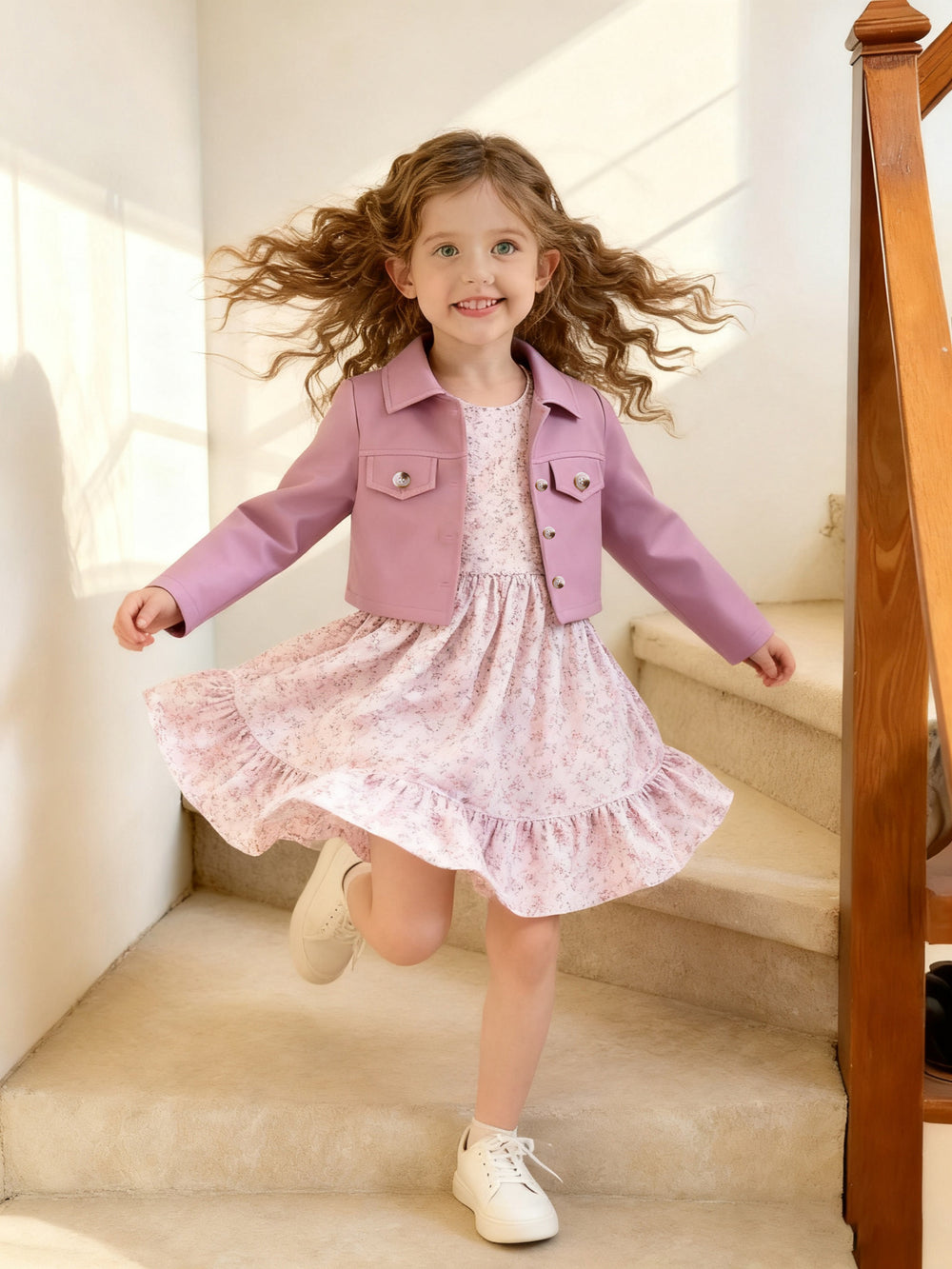 Girls' foreign trade outfit: taro purple turn-down collar jacket & vest with floral dress two-piece set - autumn children's dress