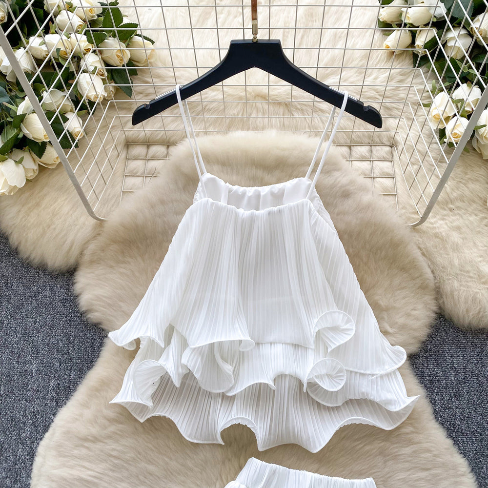 Fairy vacation set  new french chic: camisole top + high-waisted ruffle pleated midi skirt