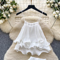 Fairy vacation set  new french chic: camisole top + high-waisted ruffle pleated midi skirt