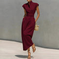 new summer women's clothing: cross-border european and american style dress - fashionable and elegant stand collar solid color flutter sleeve dress