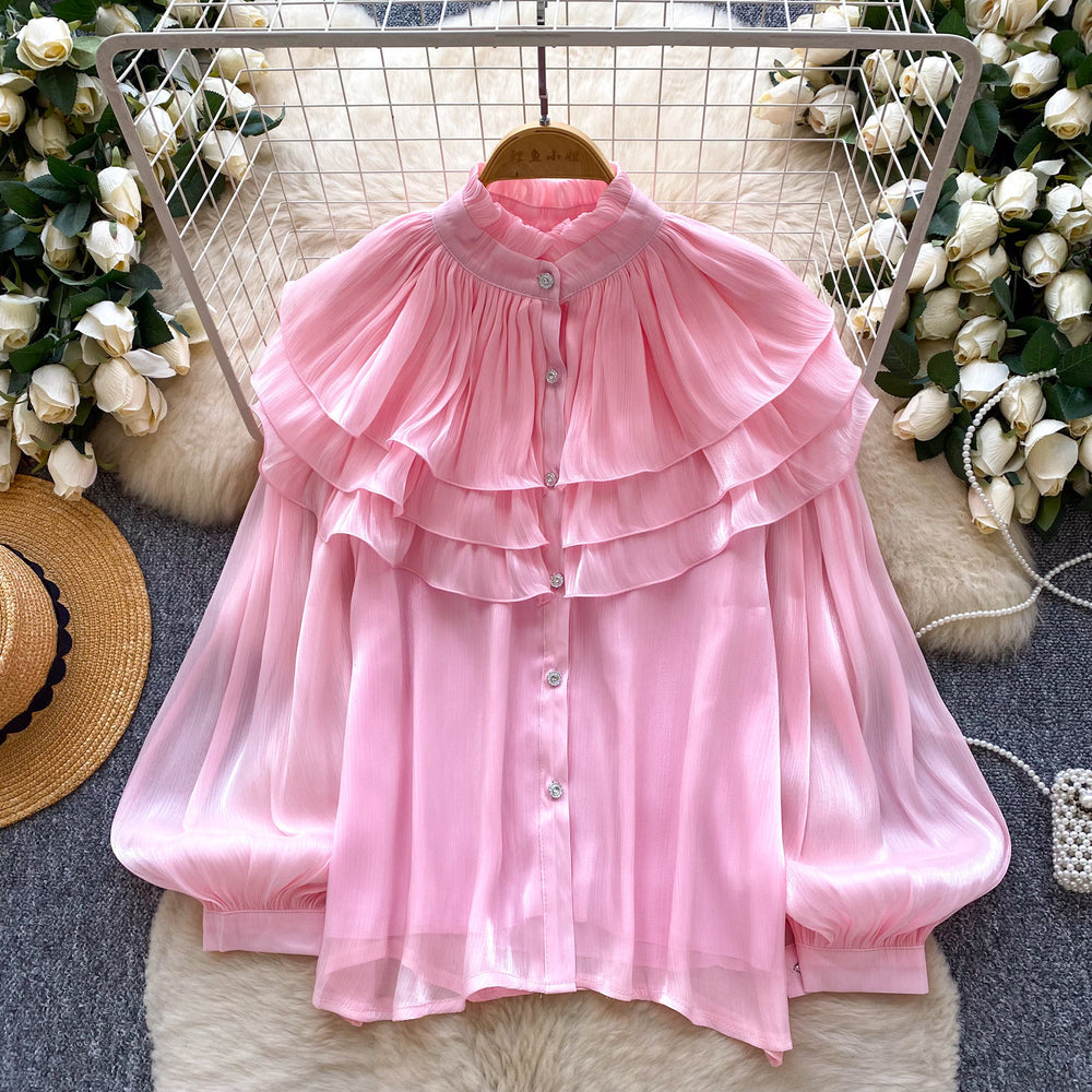 French retro court style wood ear trim blouse - women's early spring outfit, long sleeve ruffle detail, designer commute top