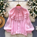 French retro court style wood ear trim blouse - women's early spring outfit, long sleeve ruffle detail, designer commute top