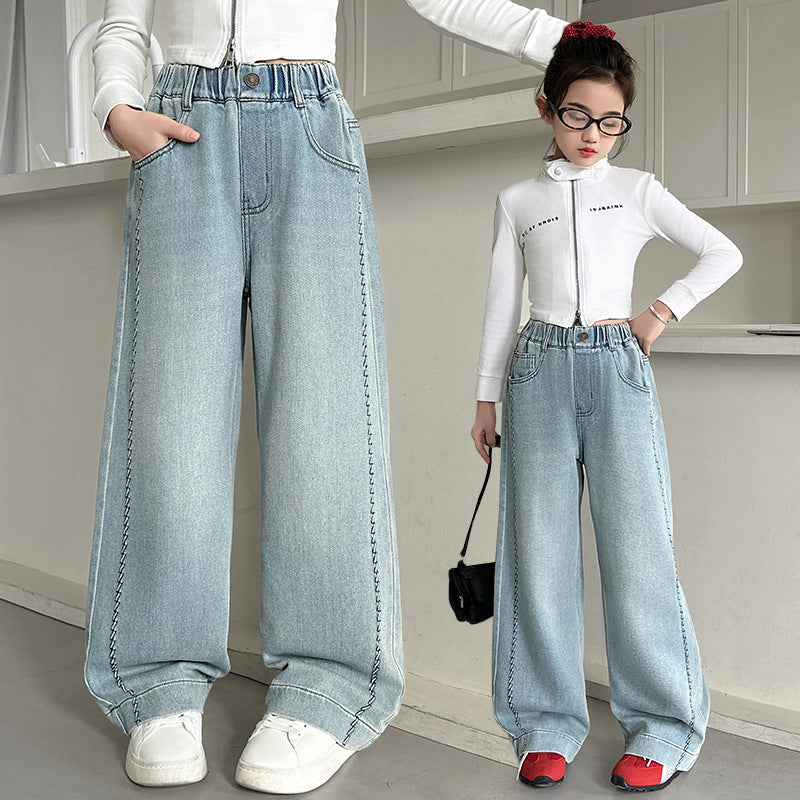 Girls' spring wide-leg jeans:  new stylish korean style straight-leg casual pants for big girls