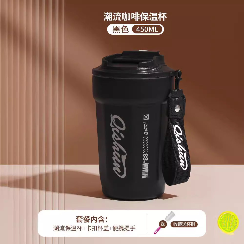 Simple 316 stainless steel octagonal coffee mug - portable cola cup with carry strap, outdoor car vacuum insulated tumbler - customizable