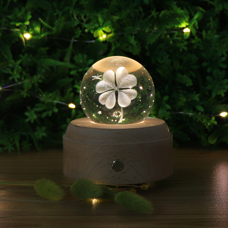 Touch dimming charging night light 3D crystal ball ambient light rotating music box bedroom ornament