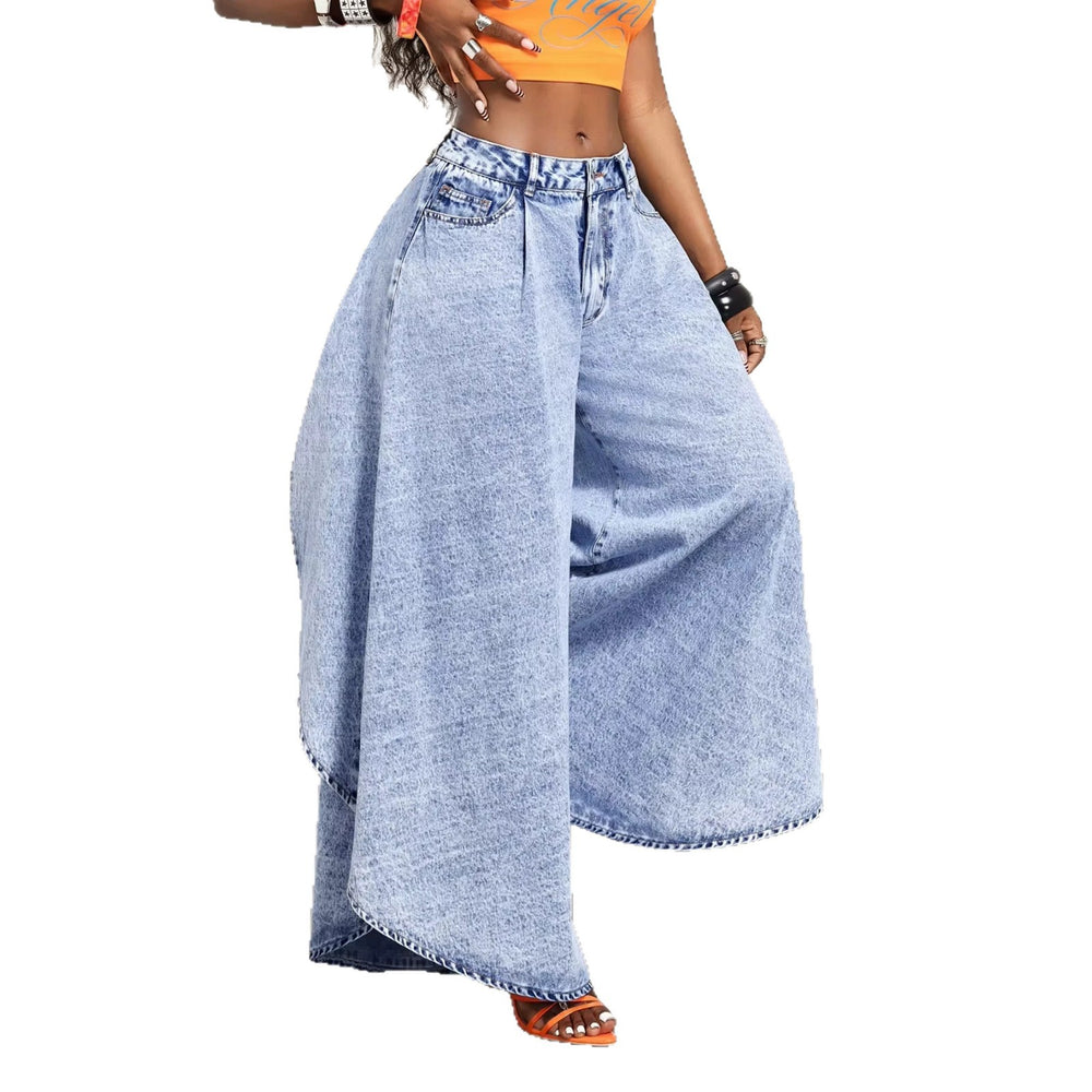 Fashionjeans women's high waist snowflake washed pleated wide leg pants light blue distressed loosedrapedmoppants