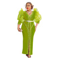 African-inspired women's slim-fit, long-sleeved, hot-fix rhinestone embellished maxi dress with bubble sleeves, suitable for cross-border e-commerce. includes belt