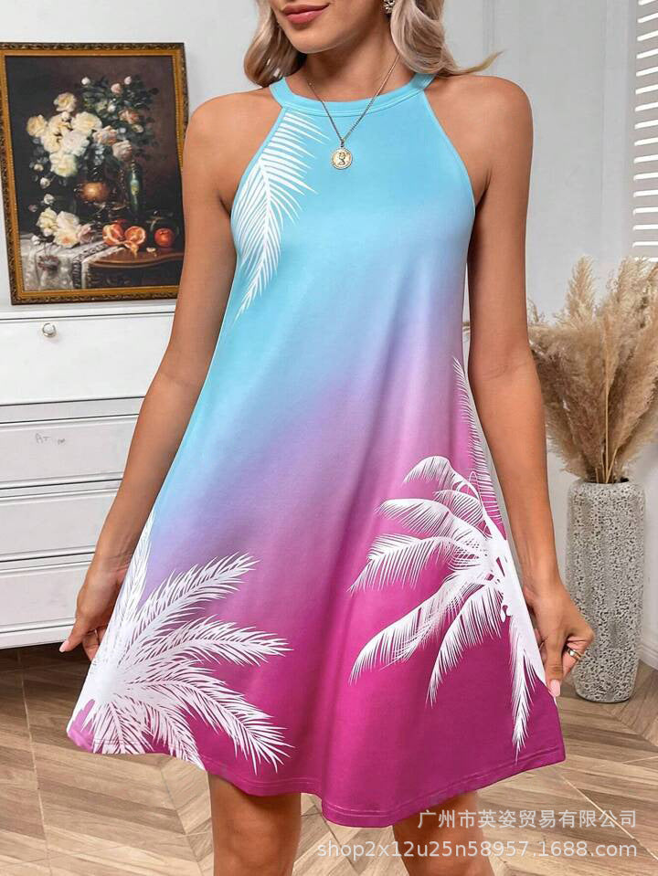 Spot  Europe and the United States  independent station explosion holiday wind gradual change color printing neck women's dress