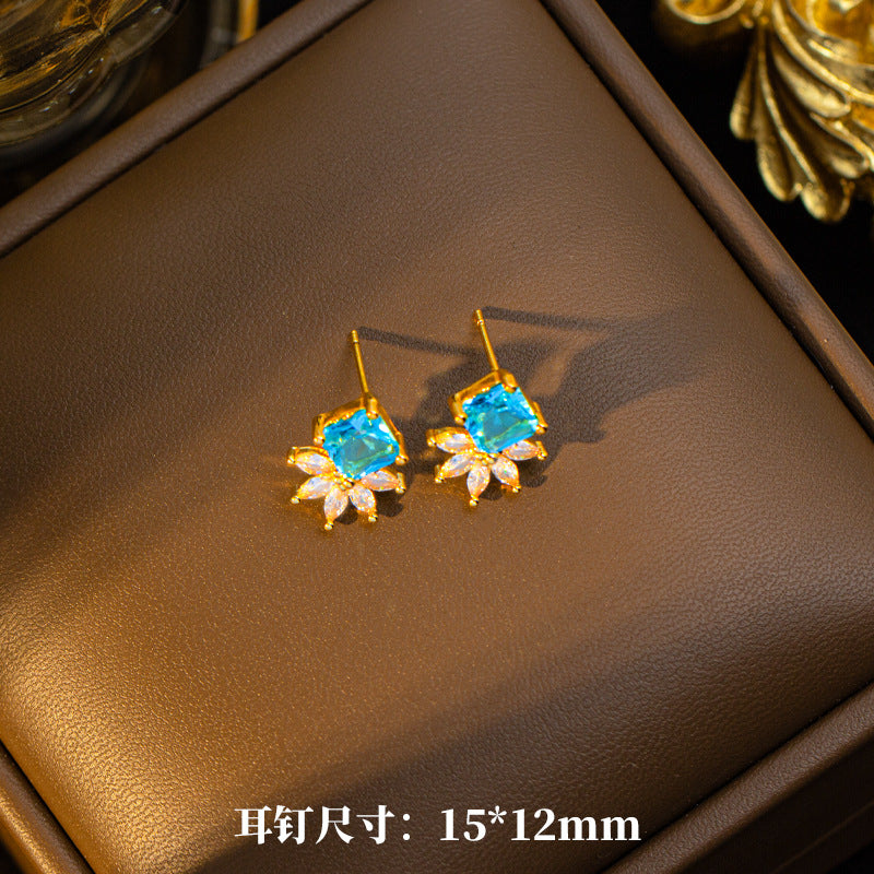New japanese and korean style copper inlaid zircon blue zircon necklace, earrings, and ring set - unique design, high-end fashion, sweater chain jewelry