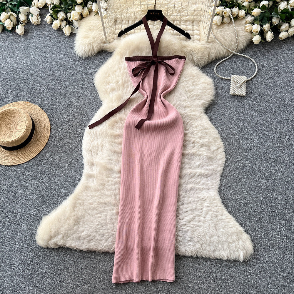 Korean style halter neck sweet & spicy girl knitted dress - women's summer bow-tie bodycon skirt - sexy vacation vibe