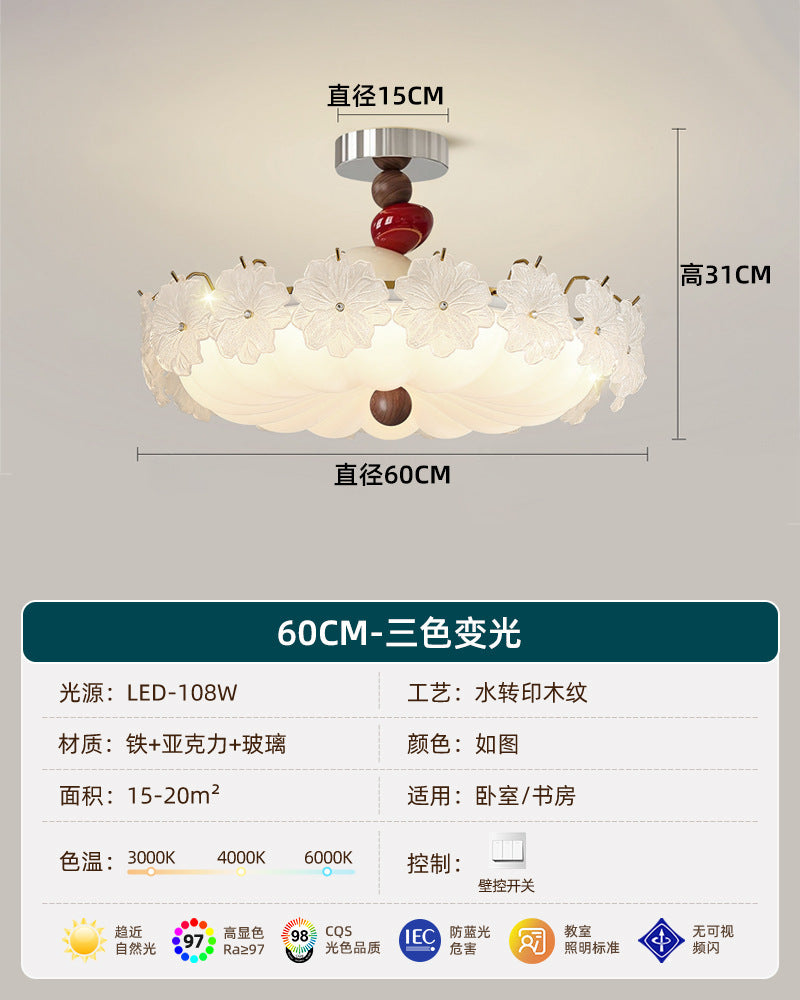 French retro embossed glass flower round ceiling light - walnut wood, soft light, cream style - perfect for kids' rooms and bedrooms