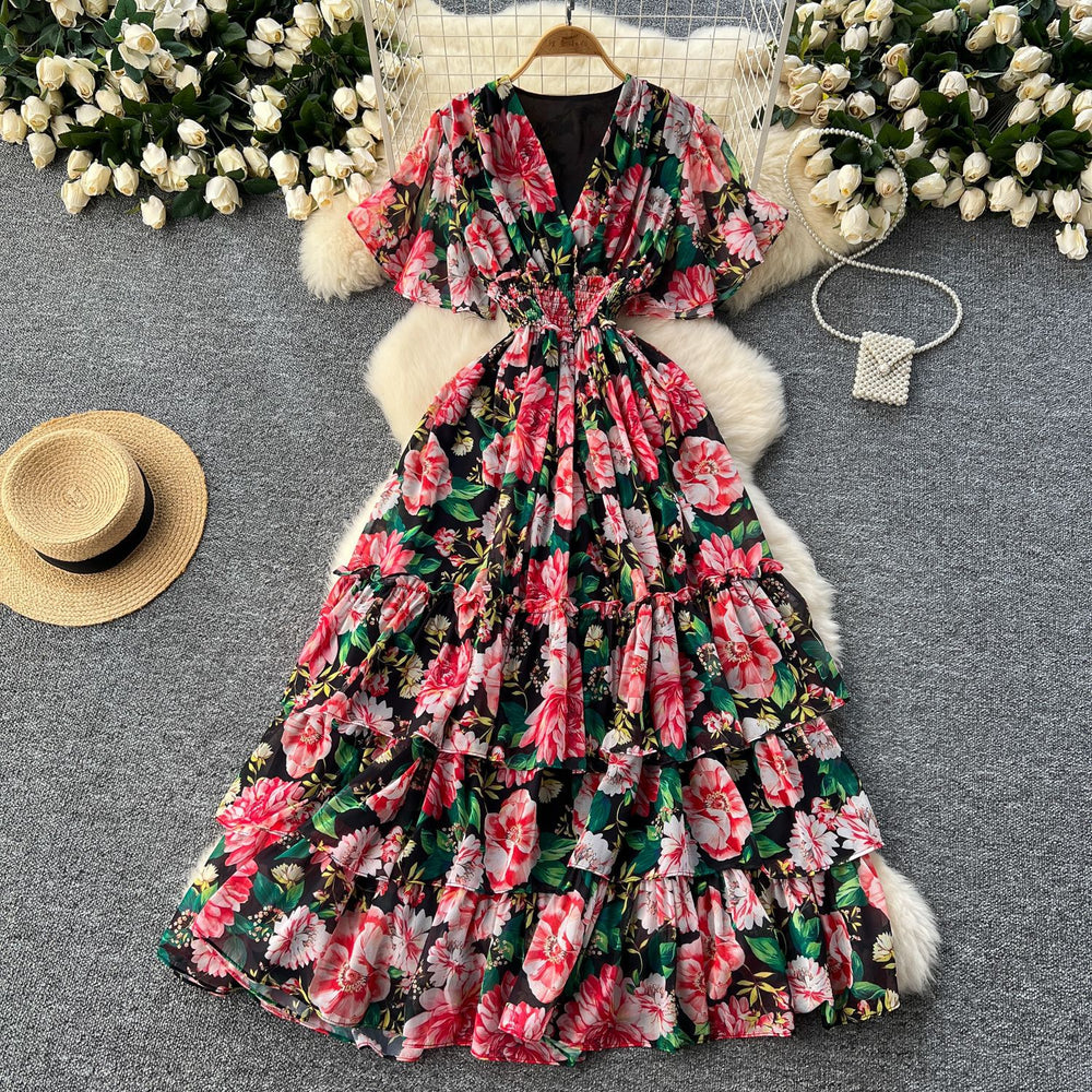 Frenchretrov neckruffle sleeve pleated floral dress women's summerhigh waistslimming look drape chiffon long skirt