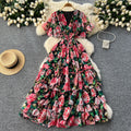 Frenchretrov neckruffle sleeve pleated floral dress women's summerhigh waistslimming look drape chiffon long skirt