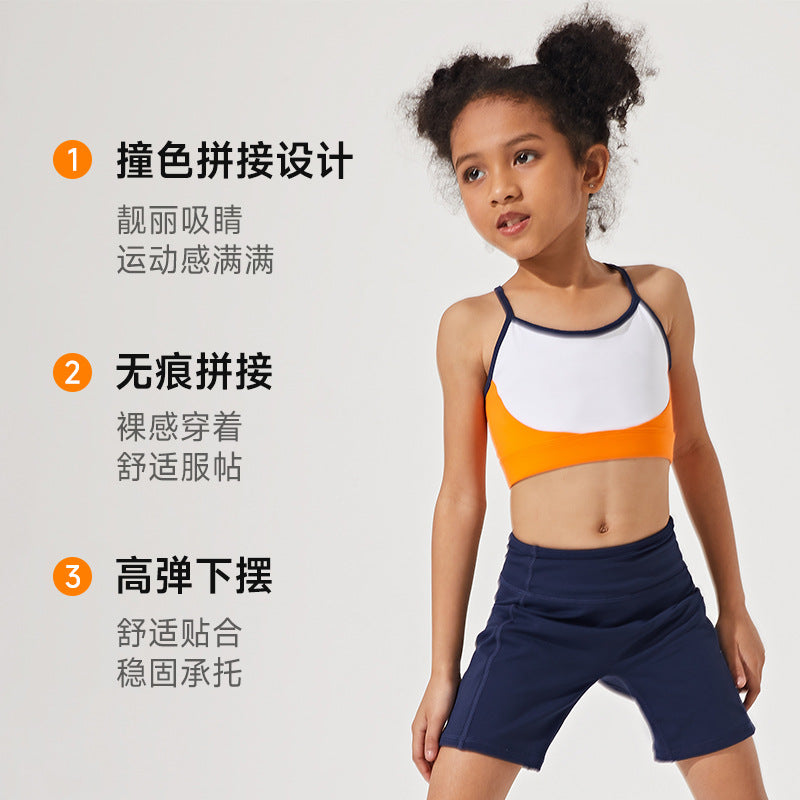 Color block spliced high-stretch kids' activewear: compression yoga top for running and fitness training